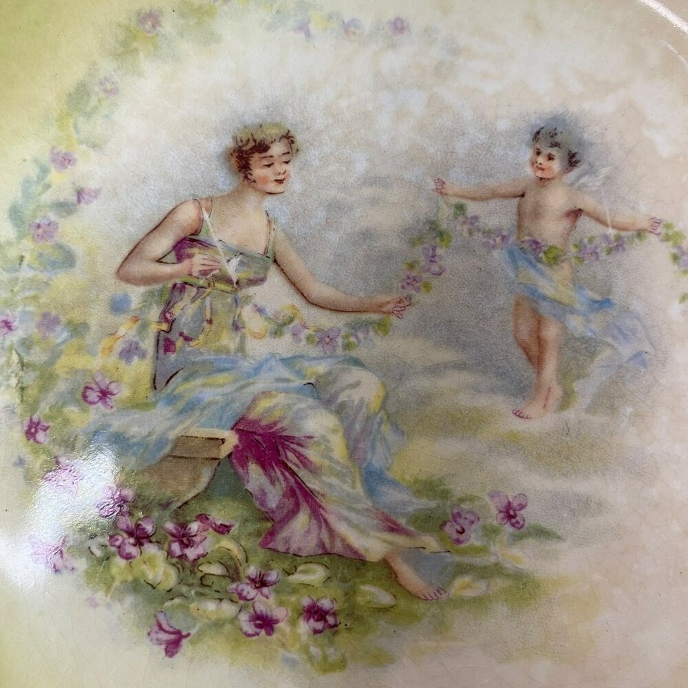 Antique French Porcelain Bowl With Cherub &‎ Lady Design 10 Diameter Collectible